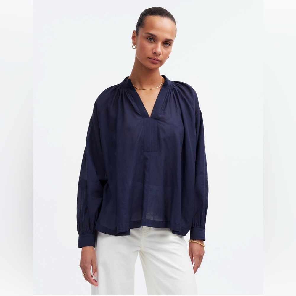 Madewell Shirred Long-Sleeve Top, navy blue, size xs